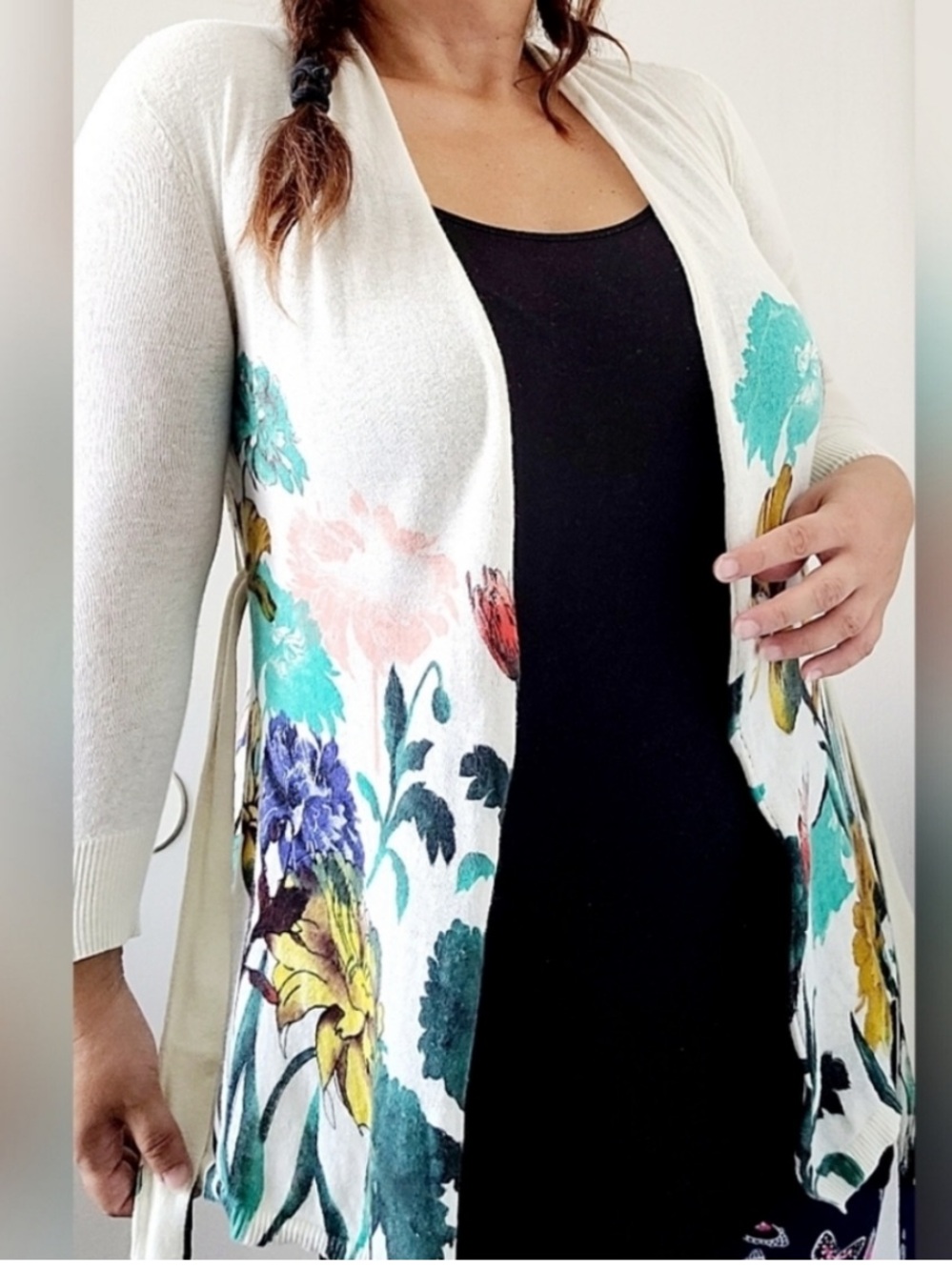 Anthropologie Moth Cream Open-Front belted Colorful Floral Cardigan Linen Med.